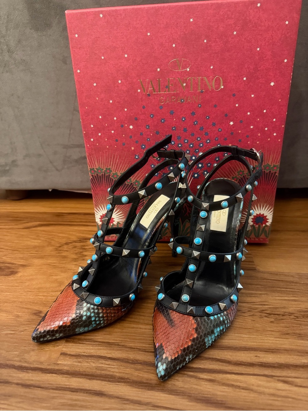 Valentino Garavani Black Studded Multi-Color Python Rockstud Heels 38.5
